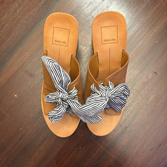 Dolce Vita tan open toe blue white striped ribbon size 8.5 - Picture 2 of 7